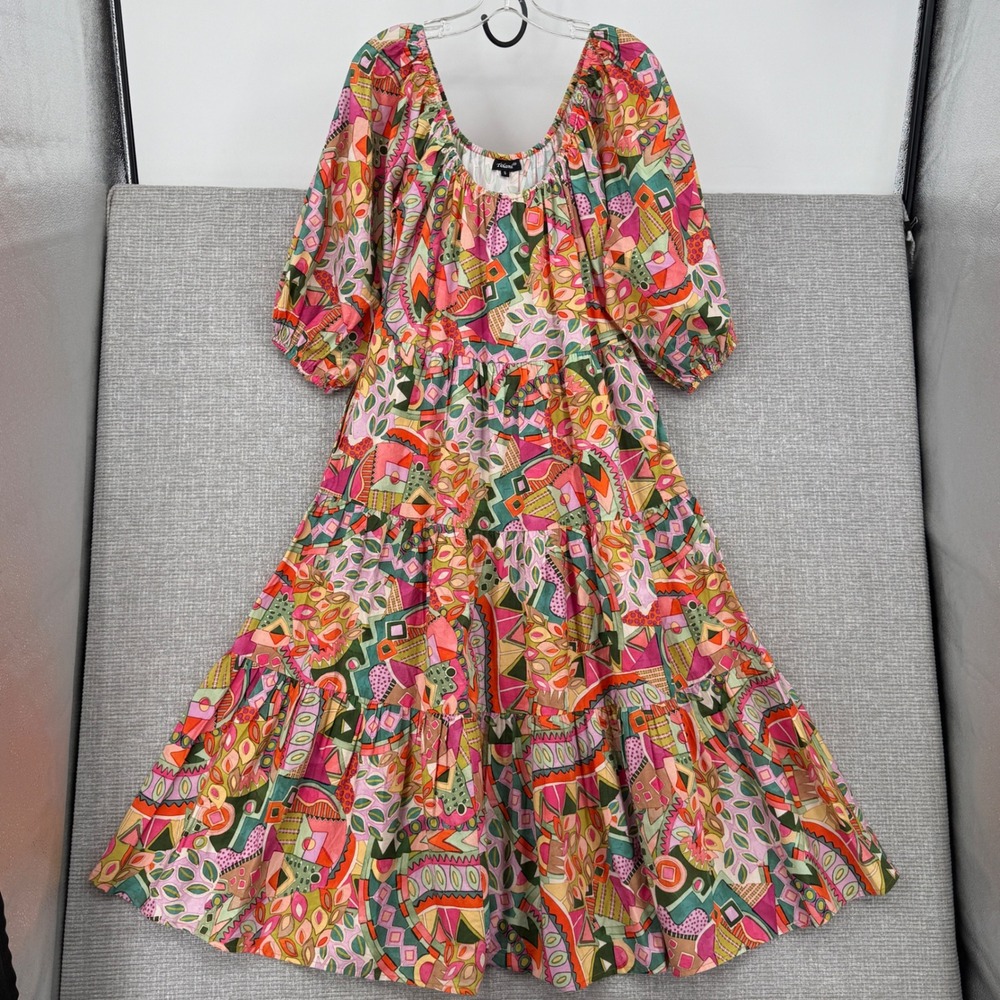 Tolani Geometric Abstract Tiered Maxi Dress Womens Small Puff‎ Sleeve Boho
